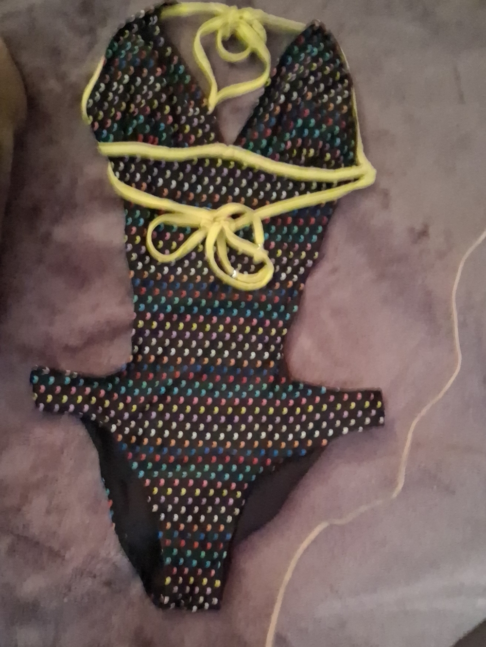 Ingear Black One-Piece Swimsuit with Neon Yellow Trim and Rainbow Dots